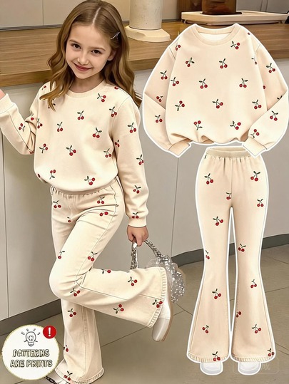 Girls Sweet Cherry Print 2 Pieces Set, Round Neck Long Sleeve Top + Elastic Waist Flared Pants, Casual Outfit For Big Tween Girl