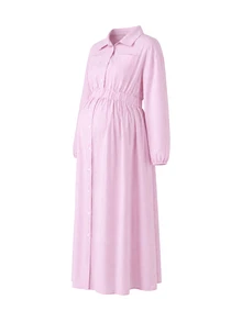 Momance Maternity Casual Long Sleeve Shirt Collar Front Pocket Button Front Waist Tie Elastic A-Line Pink Striped Dress Fall - Pink - View 4
