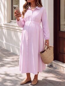 Momance Maternity Casual Long Sleeve Shirt Collar Front Pocket Button Front Waist Tie Elastic A-Line Pink Striped Dress Fall - Pink - View 10