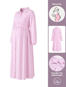 Momance Maternity Casual Long Sleeve Shirt Collar Front Pocket Button Front Waist Tie Elastic A-Line Pink Striped Dress Fall - Pink - View 8