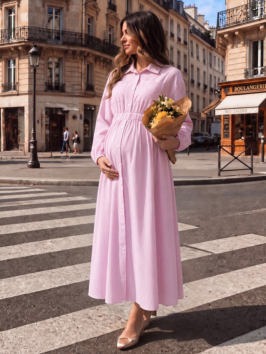 Momance Maternity Casual Long Sleeve Shirt Collar Front Pocket Button Front Waist Tie Elastic A-Line Pink Striped Dress Fall - Pink - View 1