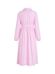 Momance Maternity Casual Long Sleeve Shirt Collar Front Pocket Button Front Waist Tie Elastic A-Line Pink Striped Dress Fall - Pink - View 2