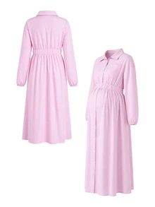 Momance Maternity Casual Long Sleeve Shirt Collar Front Pocket Button Front Waist Tie Elastic A-Line Pink Striped Dress Fall - Pink - View 3