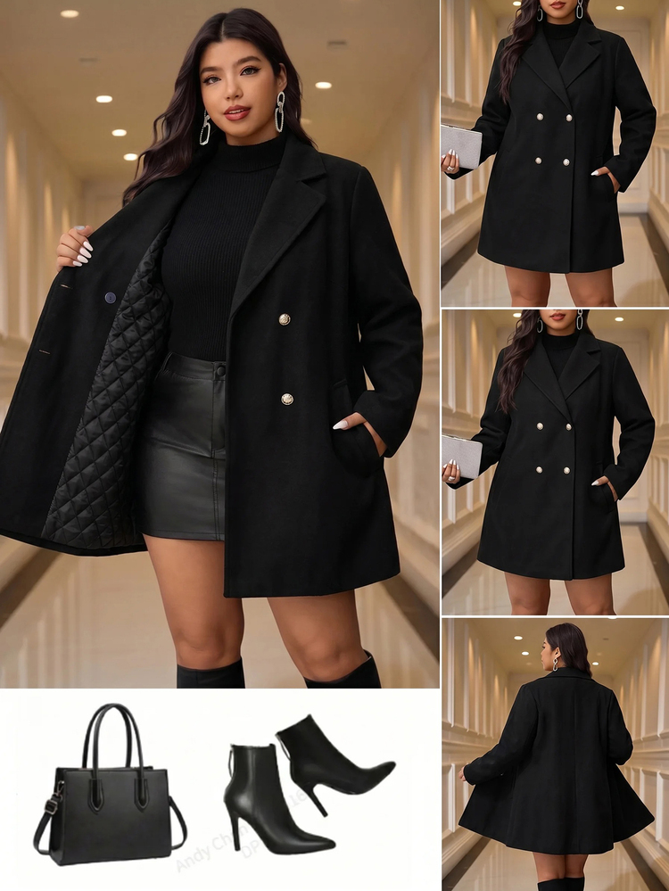 Reflora Plus Size Autumn/Winter Fashion Versatile Double-Breasted Overcoat - Black - View 10