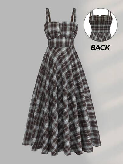 Sweetra CURVE Women's Plus Size Sleeveless Plaid Print Dress Cinched Waist Full Skirt 1950s Casual 1960s 90s Vintage 1920s Date Night Brown Formal Black Summer