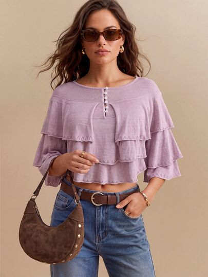 CielaLinda Women's Tiered Knit Sweater Top, Pink And Lavender Pullover, Feminine Cozy Knitwear