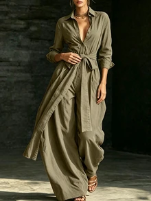 LUMIGAL Women's Solid Color Waist Knot Casual Daily Wear Jumpsuit - Olive Green - View 5