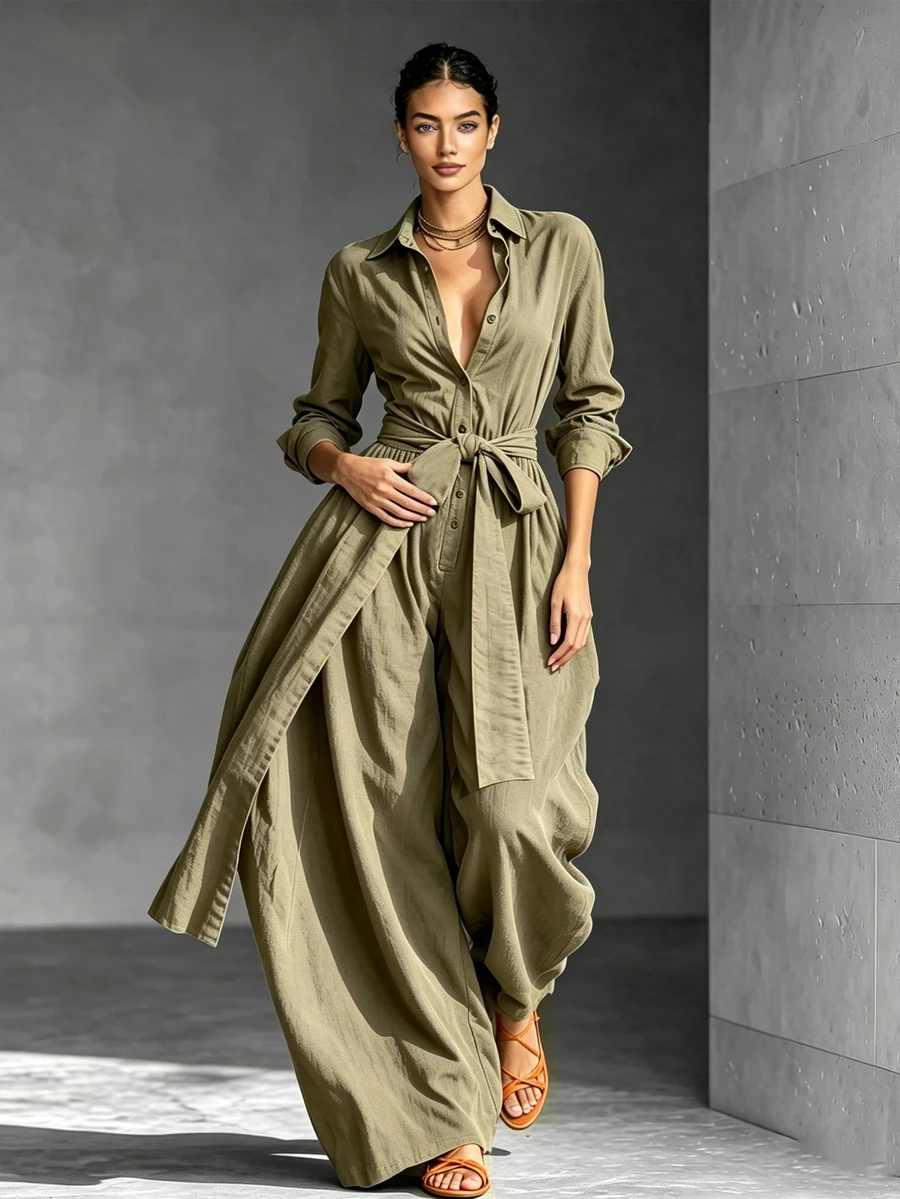 LUMIGAL Women's Solid Color Waist Knot Casual Daily Wear Jumpsuit - Olive Green - View 1