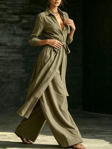 LUMIGAL Women's Solid Color Waist Knot Casual Daily Wear Jumpsuit - Olive Green - View 6