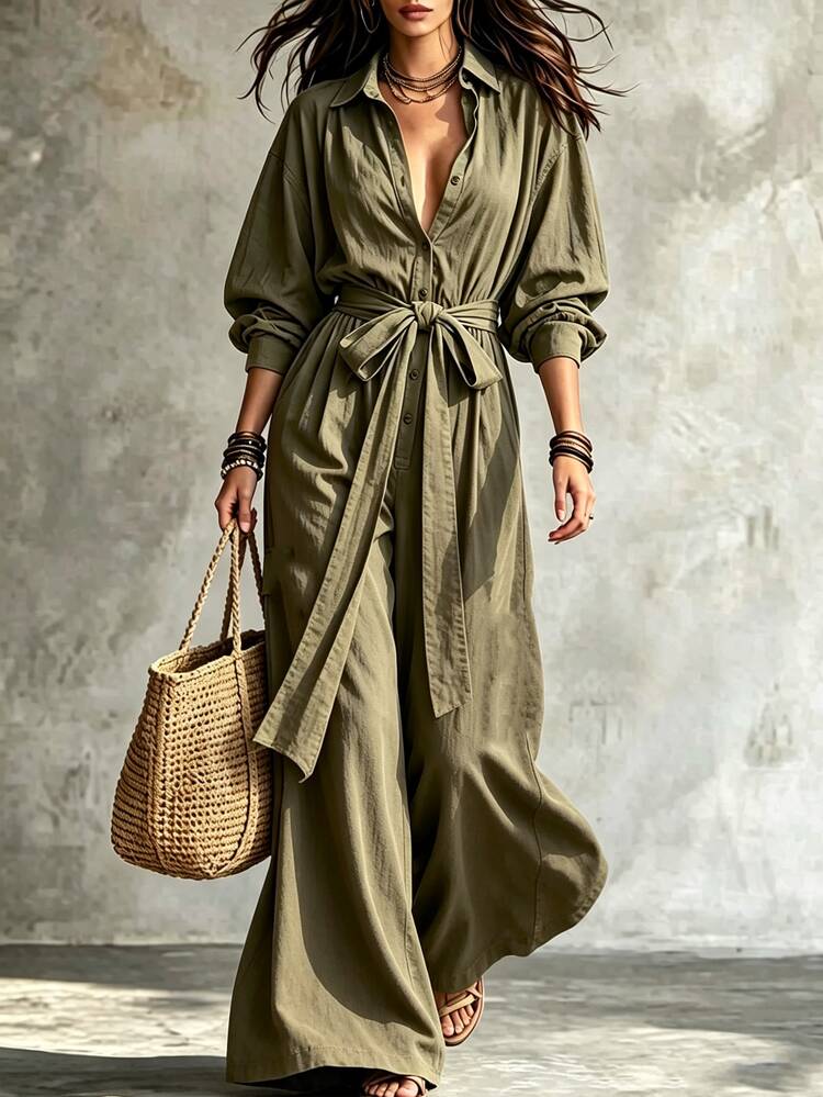 LUMIGAL Women's Solid Color Waist Knot Casual Daily Wear Jumpsuit - Olive Green - View 4