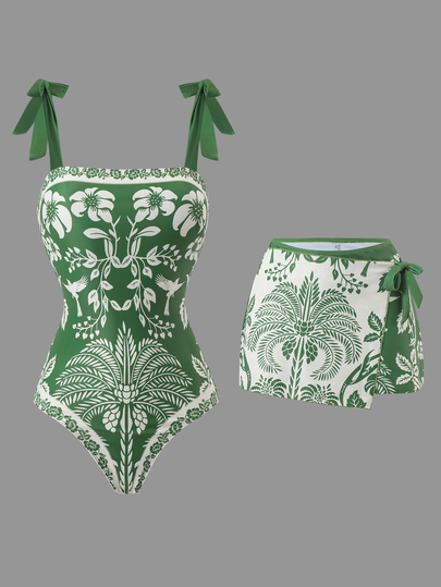Swim Oasis Women's 2pcs Swimsuit Set, Plant Print Tie Back Open Back One-Piece Swimsuit + Skirt, Summer Holiday Beach Outfit