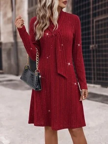 SHEIN Clasi Gaun Pendek Kasual Wanita Warna Polos untuk Sehari-hari di Musim Panas - Burgundy - View 7