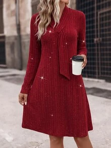 SHEIN Clasi Gaun Pendek Kasual Wanita Warna Polos untuk Sehari-hari di Musim Panas - Burgundy - View 8