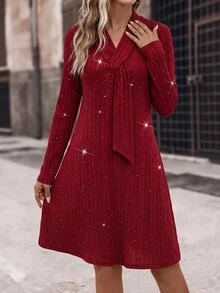 SHEIN Clasi Gaun Pendek Kasual Wanita Warna Polos untuk Sehari-hari di Musim Panas - Burgundy - View 4