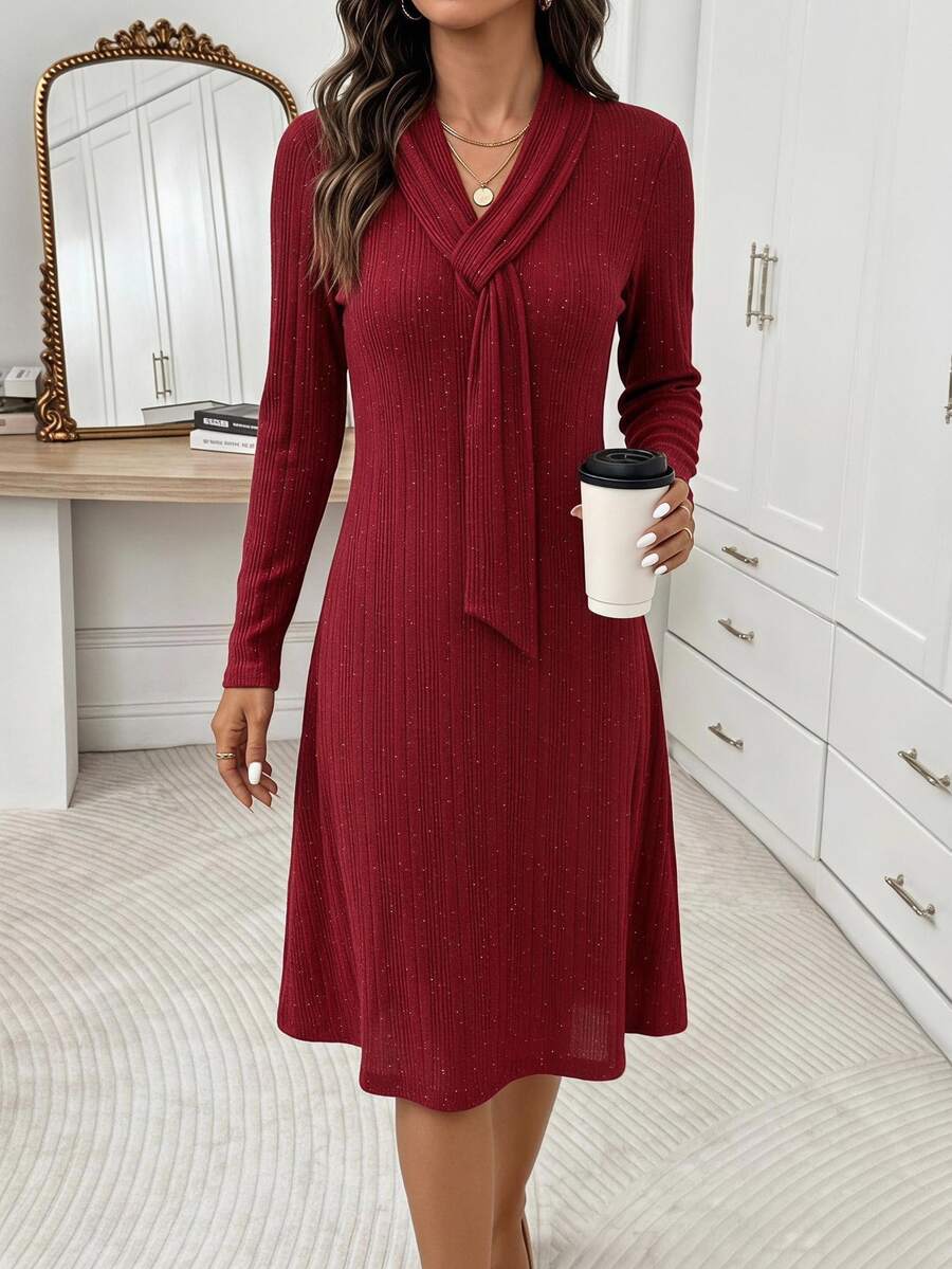 SHEIN Clasi Gaun Pendek Kasual Wanita Warna Polos untuk Sehari-hari di Musim Panas - Burgundy - View 1