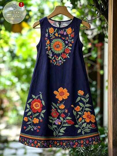 Linhara Women's Plus Size Sleeveless Open Shoulder Faux Embroidery Print Short Loose A-Line Casual 1950s Vintage Vacation Dress Summer Office Navy Blue