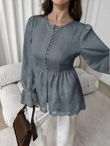 Solavon 女款優雅長袖單排扣對比蕾絲襯衫 - 藍色 - 查看 5