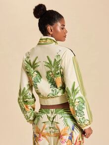 Travachic Tropical Print Casual Tropical Tropicoquette Sports Jacket Going Out Everyday Beige Autumn - Green - View 3