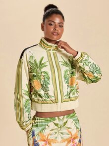 Travachic Tropical Print Casual Tropical Tropicoquette Sports Jacket Going Out Everyday Beige Autumn - Green - View 5