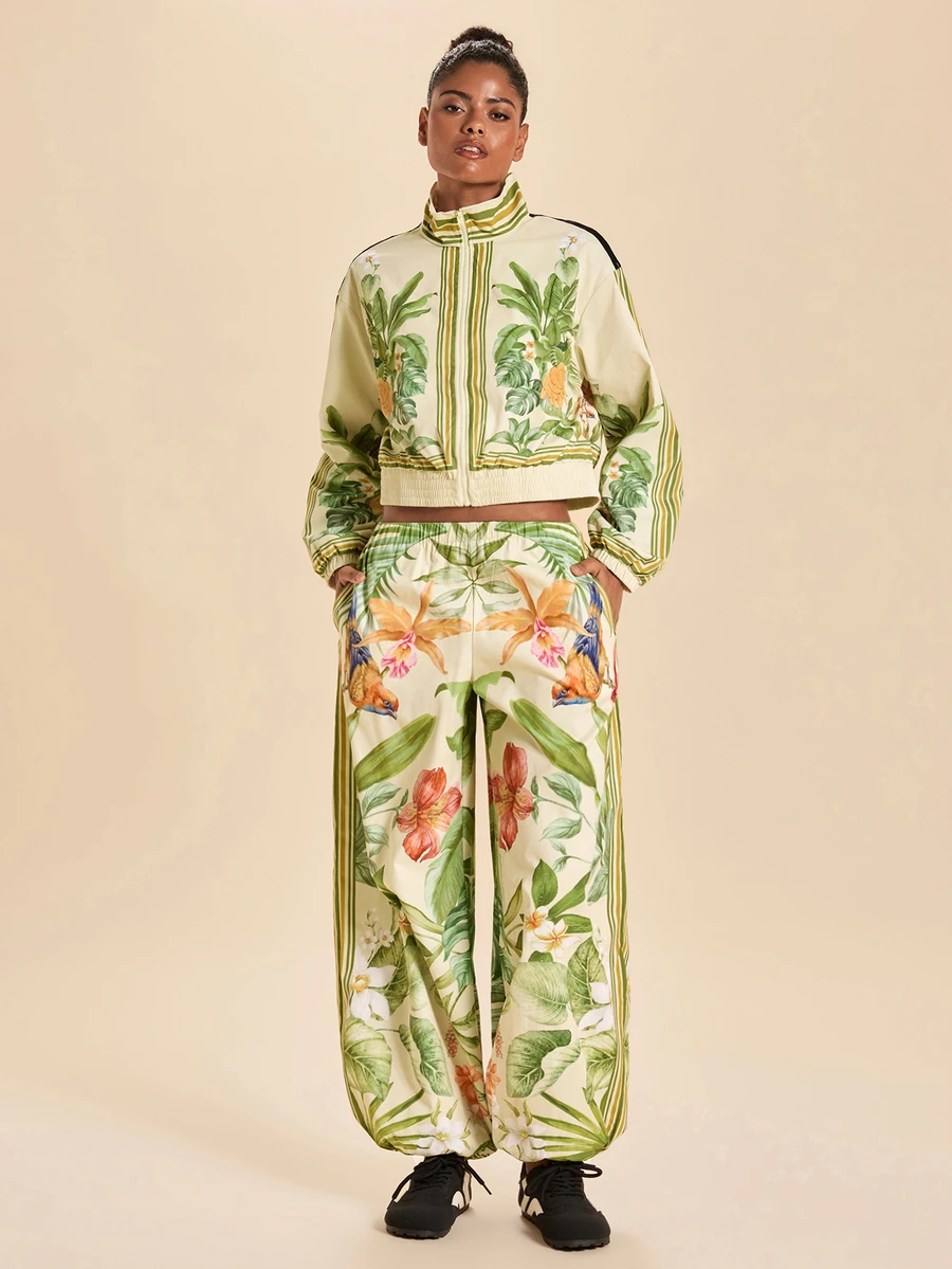 Travachic Tropical Print Casual Tropical Tropicoquette Sports Jacket Going Out Everyday Beige Autumn - Green - View 1
