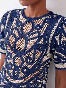 Maija Women's Blouse With Back Button Closure Puff Sleeves Urban French Elegant Holiday Navy Blue And White - Navy Blue - View 2