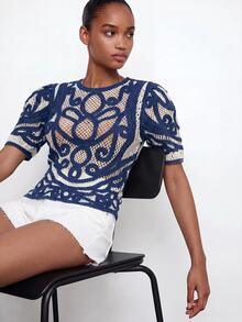 Maija Women's Blouse With Back Button Closure Puff Sleeves Urban French Elegant Holiday Navy Blue And White - Navy Blue - View 4