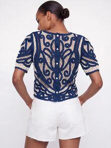 Maija Women's Blouse With Back Button Closure Puff Sleeves Urban French Elegant Holiday Navy Blue And White - Navy Blue - View 3