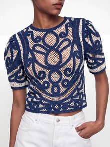 Maija Women's Blouse With Back Button Closure Puff Sleeves Urban French Elegant Holiday Navy Blue And White - Navy Blue - View 7