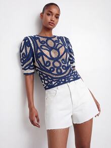 Maija Women's Blouse With Back Button Closure Puff Sleeves Urban French Elegant Holiday Navy Blue And White - Navy Blue - View 6