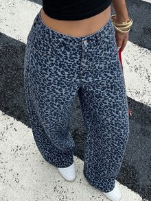 DAZY 春夏度假穿搭女款藍色棉質豹紋寬鬆休閒牛仔長褲 - 藍色 - 查看 2