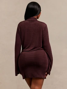 Radiana Plus Size Women Solid Color Cowl Neck Long Sleeve Sexy Fitted Dress - Brown - View 4