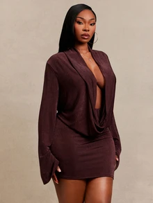 Radiana Plus Size Women Solid Color Cowl Neck Long Sleeve Sexy Fitted Dress - Brown - View 6