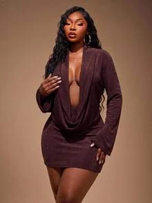 Radiana Plus Size Women Solid Color Cowl Neck Long Sleeve Sexy Fitted Dress - Brown - View 2