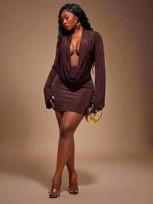 Radiana Plus Size Women Solid Color Cowl Neck Long Sleeve Sexy Fitted Dress - Brown - View 3