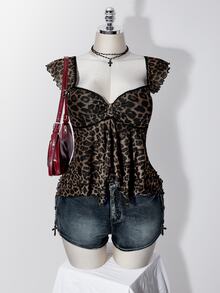 SHEIN ICON 女款大尺碼豹紋蕾絲拼接上衣 - 棕色 - 查看 9