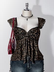 SHEIN ICON 女款大尺碼豹紋蕾絲拼接上衣 - 棕色 - 查看 5