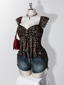 SHEIN ICON 女款大尺碼豹紋蕾絲拼接上衣 - 棕色 - 查看 6