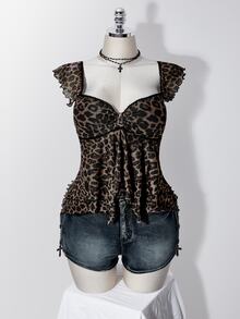 SHEIN ICON 女款大尺碼豹紋蕾絲拼接上衣 - 棕色 - 查看 3