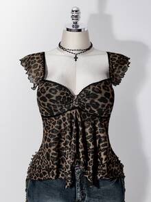 SHEIN ICON 女款大尺碼豹紋蕾絲拼接上衣 - 棕色 - 查看 4