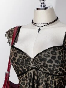SHEIN ICON 女款大尺碼豹紋蕾絲拼接上衣 - 棕色 - 查看 7