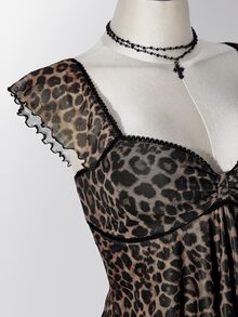 SHEIN ICON 女款大尺碼豹紋蕾絲拼接上衣 - 棕色 - 查看 11