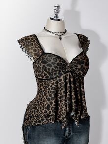 SHEIN ICON 女款大尺碼豹紋蕾絲拼接上衣 - 棕色 - 查看 10