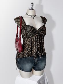 SHEIN ICON 女款大尺碼豹紋蕾絲拼接上衣 - 棕色 - 查看 8