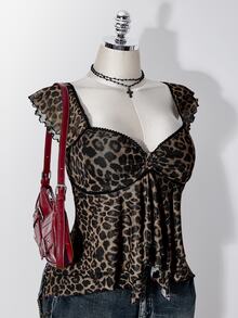 SHEIN ICON 女款大尺碼豹紋蕾絲拼接上衣 - 棕色 - 查看 1