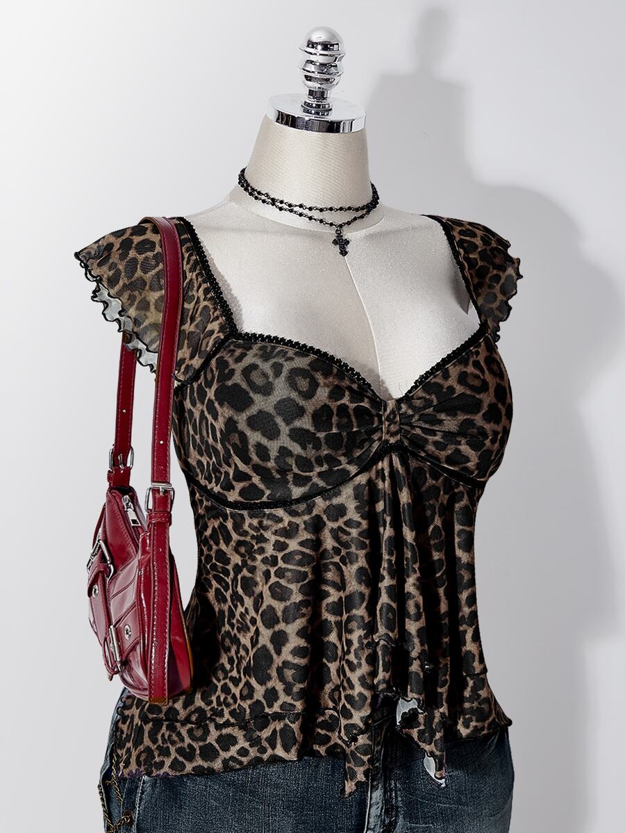 SHEIN ICON 女款大尺碼豹紋蕾絲拼接上衣 - 棕色 - 查看 1
