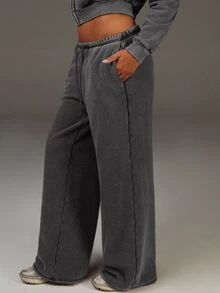 Athîral Women's Drawstring Waist Pockets Wide Leg Loose Sweatpants - Light Grey - View 3