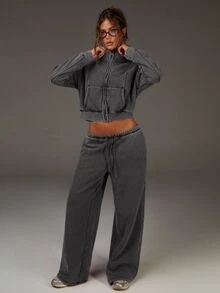 Athîral Women's Drawstring Waist Pockets Wide Leg Loose Sweatpants - Light Grey - View 5