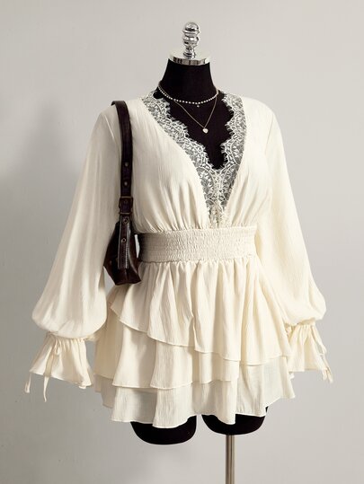 SHEIN ICON Plus Size Retro Sexy Bohemian Style Lace-Trimmed Striped Pleated Fabric Lantern Sleeves With Multi-Layer Ruched Skirt In Apricot Color Fall