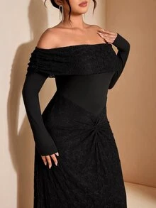 Cravure Plus Size Black Lace Off Shoulder Long Sleeve Twisted Maxi Dress, Party Date Vacation Formal Gown Fall - Black - View 3