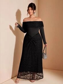 Cravure Plus Size Black Lace Off Shoulder Long Sleeve Twisted Maxi Dress, Party Date Vacation Formal Gown Fall - Black - View 4